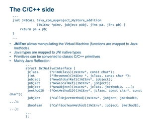 The C/C++ side
...
jint JNICALL Java_com_myproject_MyStore_addition
(JNIEnv *pEnv, jobject pObj, jint pa, jint pb) {
return pa + pb;
}
...
• JNIEnv allows manipulating the Virtual Machine (functions are mapped to Java
methods)
• Java types are mapped to JNI native types
• Primitives can be converted to classic C/C++ primitives
• Mainly Java Reflection:
...
struct JNINativeInterface {
jclass (*FindClass)(JNIEnv*, const char*);
jint (*ThrowNew)(JNIEnv *, jclass, const char *);
jobject (*NewGlobalRef)(JNIEnv*, jobject);
jobject (*NewLocalRef)(JNIEnv*, jobject);
jobject (*NewObject)(JNIEnv*, jclass, jmethodID, ...);
jmethodID (*GetMethodID)(JNIEnv*, jclass, const char*, const
char*);
jobject (*CallObjectMethod)(JNIEnv*, jobject, jmethodID,
...);
jboolean (*CallBooleanMethod)(JNIEnv*, jobject, jmethodID,
...);
...
};
 