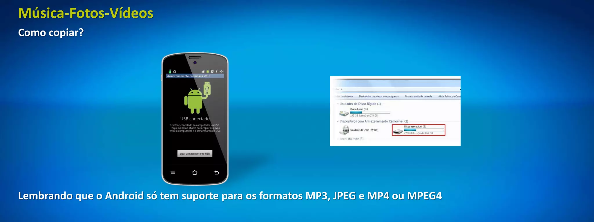 Música-Fotos-Vídeos
Como copiar?




Lembrando que o Android só tem suporte para os formatos MP3, JPEG e MP4 ou MPEG4
 