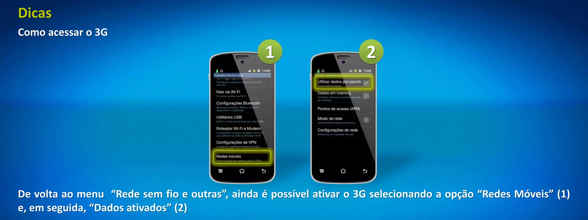 Dicas
Como acessar o 3G
                                                 1                   2




De volta ao menu “Rede sem fio e outras”, ainda é possível ativar o 3G selecionando a opção “Redes Móveis” (1)
e, em seguida, “Dados ativados” (2)
 