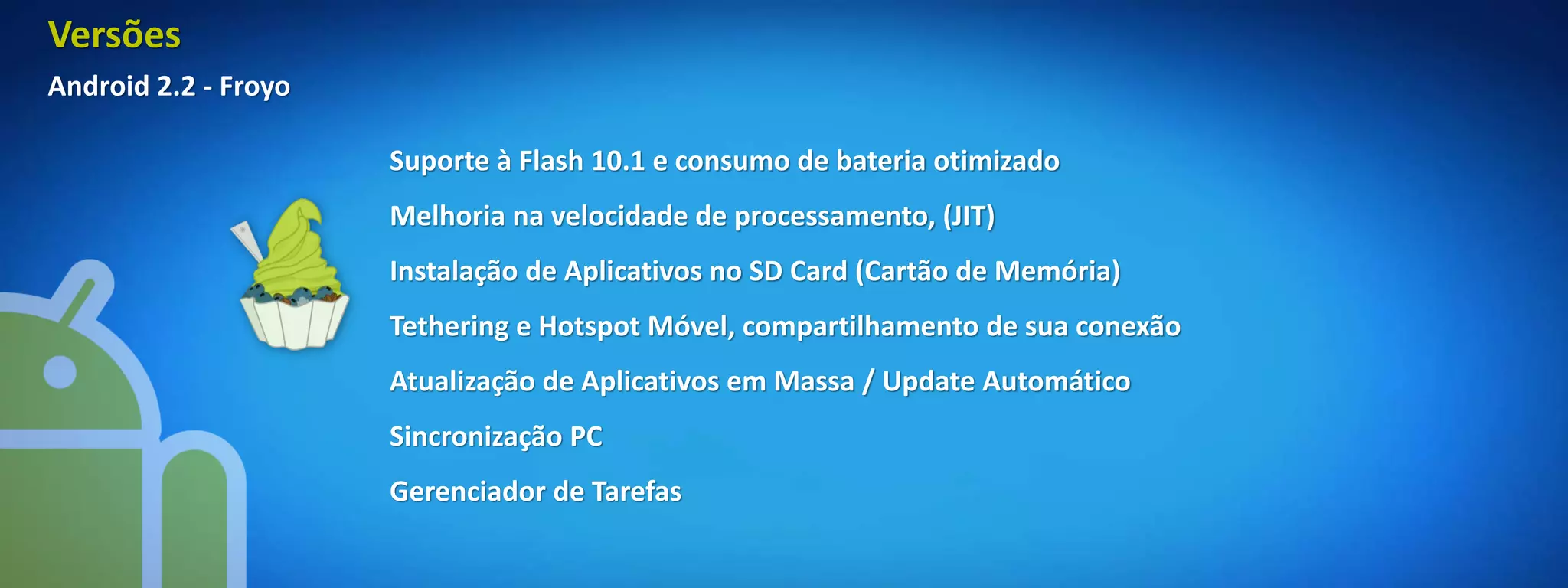 Versões
Android 2.2 - Froyo

                      Suporte à Flash 10.1 e consumo de bateria otimizado
                      Melhoria na velocidade de processamento, (JIT)
                      Instalação de Aplicativos no SD Card (Cartão de Memória)
                      Tethering e Hotspot Móvel, compartilhamento de sua conexão
                      Atualização de Aplicativos em Massa / Update Automático
                      Sincronização PC
                      Gerenciador de Tarefas
 