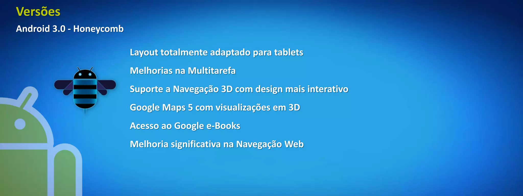 Versões
Android 3.0 - Honeycomb

                          Layout totalmente adaptado para tablets
                          Melhorias na Multitarefa
                          Suporte a Navegação 3D com design mais interativo
                          Google Maps 5 com visualizações em 3D
                          Acesso ao Google e-Books
                          Melhoria significativa na Navegação Web
 