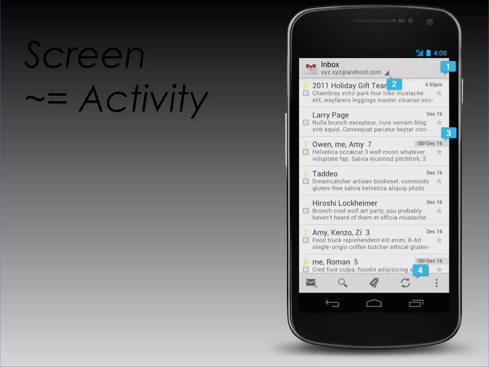 Screen
~= Activity
 
