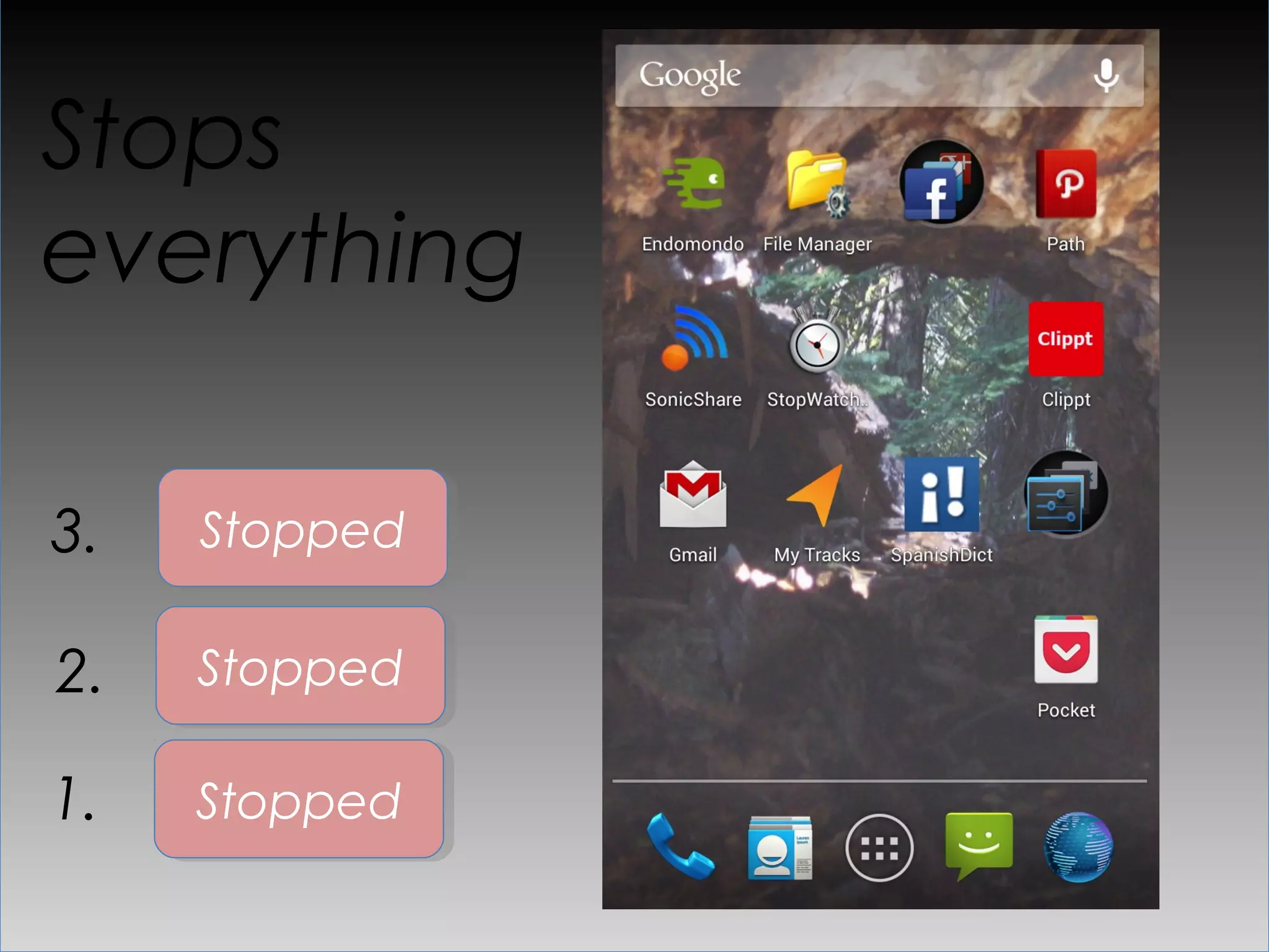 Stops
everything

3.   Stopped

2.   Stopped

1.   Stopped
 