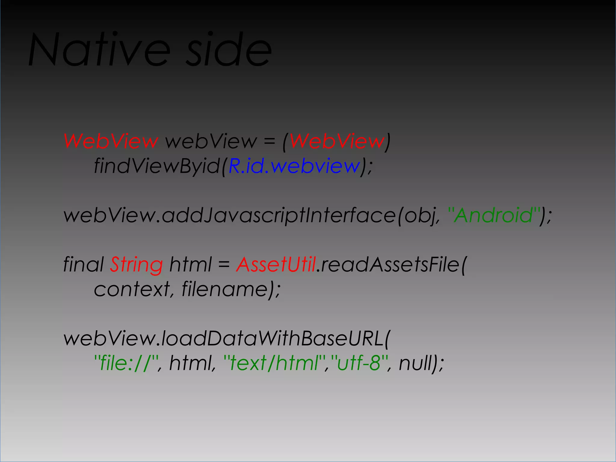 JavaScript side
 function onClick() {

     Android. jsOnNextArticle(this.id);
 }
 