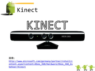 Kinect




画像:
http://www.microsoft.com/germany/partner/retail/c
ontent.aspx?content=Xbox_360/Hardware/Xbox_360_Zu
behoer/Kinect
 