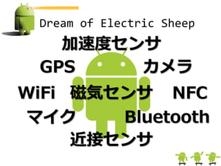 Dream of Electric Sheep
   加速度センサ
 GPS    カメラ
WiFi 磁気センサ NFC
 マイク    Bluetooth
     近接センサ
 