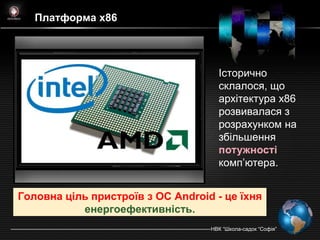 Платформа х86




                                     Історично
                                     склалося, що
                                     архітектура x86
                                     розвивалася з
                                     розрахунком на
                                     збільшення
                                     потужності
                                     комп’ютера.


Головна ціль пристроїв з ОС Android - це їхня
           енергоефективність.
                                   НВК ―Школа-садок ―Софія‖
 