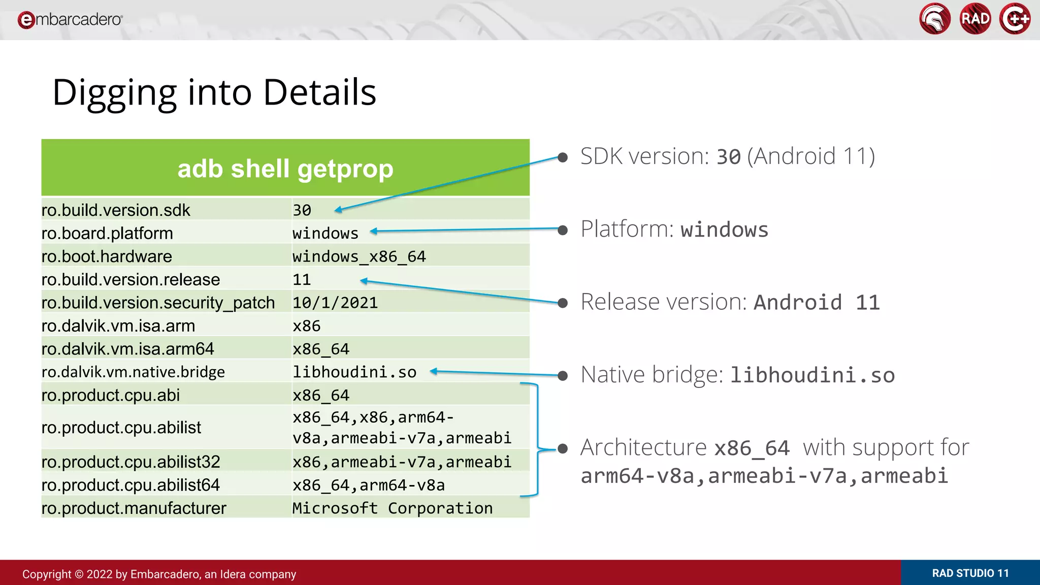 RAD STUDIO 11
Copyright © 2022 by Embarcadero, an Idera company
Digging into Details
adb shell getprop
ro.build.version.sdk 30
ro.board.platform windows
ro.boot.hardware windows_x86_64
ro.build.version.release 11
ro.build.version.security_patch 10/1/2021
ro.dalvik.vm.isa.arm x86
ro.dalvik.vm.isa.arm64 x86_64
ro.dalvik.vm.native.bridge libhoudini.so
ro.product.cpu.abi x86_64
ro.product.cpu.abilist
x86_64,x86,arm64-
v8a,armeabi-v7a,armeabi
ro.product.cpu.abilist32 x86,armeabi-v7a,armeabi
ro.product.cpu.abilist64 x86_64,arm64-v8a
ro.product.manufacturer Microsoft Corporation
● SDK version: 30 (Android 11)
● Platform: windows
● Release version: Android 11
● Native bridge: libhoudini.so
● Architecture x86_64 with support for
arm64-v8a,armeabi-v7a,armeabi
 