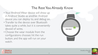 DroidCon Montréal
2015
19
The RestYou Already Know
• Your Android Wear device will show up
in Android Studio as another An...