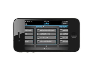 ROUTINE




                                                     Done

SOCIAL                    SOCIAL                 FASHIONS
   MACRUMORS.COM...           MACRUMORS.COM...       MACRUMORS.COM...




                          +




                                                 +
   NOTCOT.ORG                 NOTCOT.ORG             NOTCOT.ORG

                          +




                                                 +
   GOOD.COM               +   GOOD.COM               GOOD.COM




                                                 +
   HELLOKITTY.NET             HELLOKITTY.NET         HELLOKITTY.NET
                          +




                                                 +
 TECHCRUNCH                TECHCRUNCH             TECHCRUNCH
         +                          +                       +
 