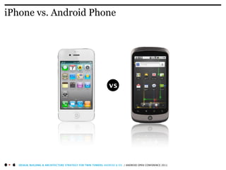 iPhone vs. Android Phone




                                                                vs




   DESIGN, BUILDING & ARCHITECTURE STRATEGY FOR TWIN TOWERS: ANDROID & IOS / ANDROID OPEN CONFERENCE 2011
 