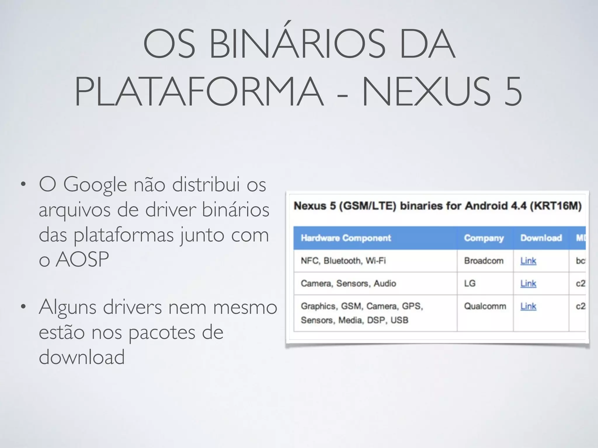 OS BINÁRIOS DA PLATAFORMA - NEXUS 5 • O Google não distribui os arquivos de driver binários das plataformas junto com o AOSP • Alguns drivers nem mesmo estão nos pacotes de download 