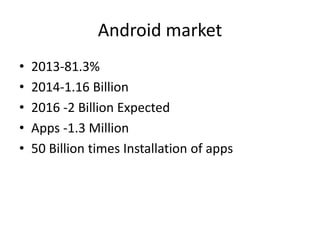 Android market
• 2013-81.3%
• 2014-1.16 Billion
• 2016 -2 Billion Expected
• Apps -1.3 Million
• 50 Billion times Installation of apps
 