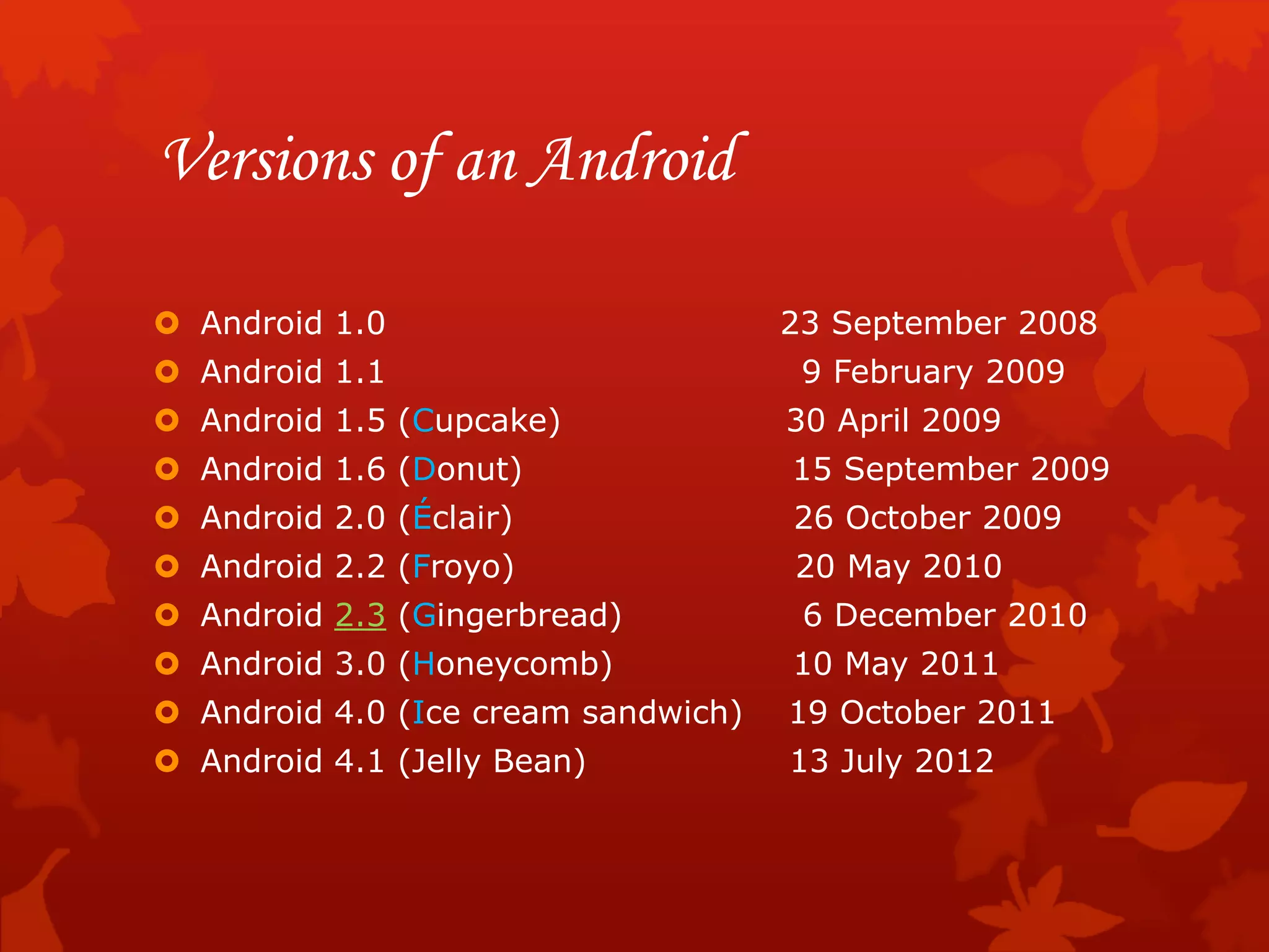 Versions of an Android
 Android 1.0 23 September 2008
 Android 1.1 9 February 2009
 Android 1.5 (Cupcake) 30 April 2009
 Android 1.6 (Donut) 15 September 2009
 Android 2.0 (Éclair) 26 October 2009
 Android 2.2 (Froyo) 20 May 2010
 Android 2.3 (Gingerbread) 6 December 2010
 Android 3.0 (Honeycomb) 10 May 2011
 Android 4.0 (Ice cream sandwich) 19 October 2011
 Android 4.1 (Jelly Bean) 13 July 2012
 