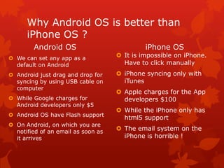 Why Android OS is better than
      iPhone OS ?
        Android OS                           iPhone OS
 We can set any app as a            It is impossible on iPhone.
  default on Android                  Have to click manually
 Android just drag and drop for     iPhone syncing only with
  syncing by using USB cable on       iTunes
  computer
                                     Apple charges for the App
 While Google charges for            developers $100
  Android developers only $5
                                     While the iPhone only has
 Android OS have Flash support
                                      html5 support
 On Android, on which you are
  notified of an email as soon as
                                     The email system on the
  it arrives                          iPhone is horrible !
 