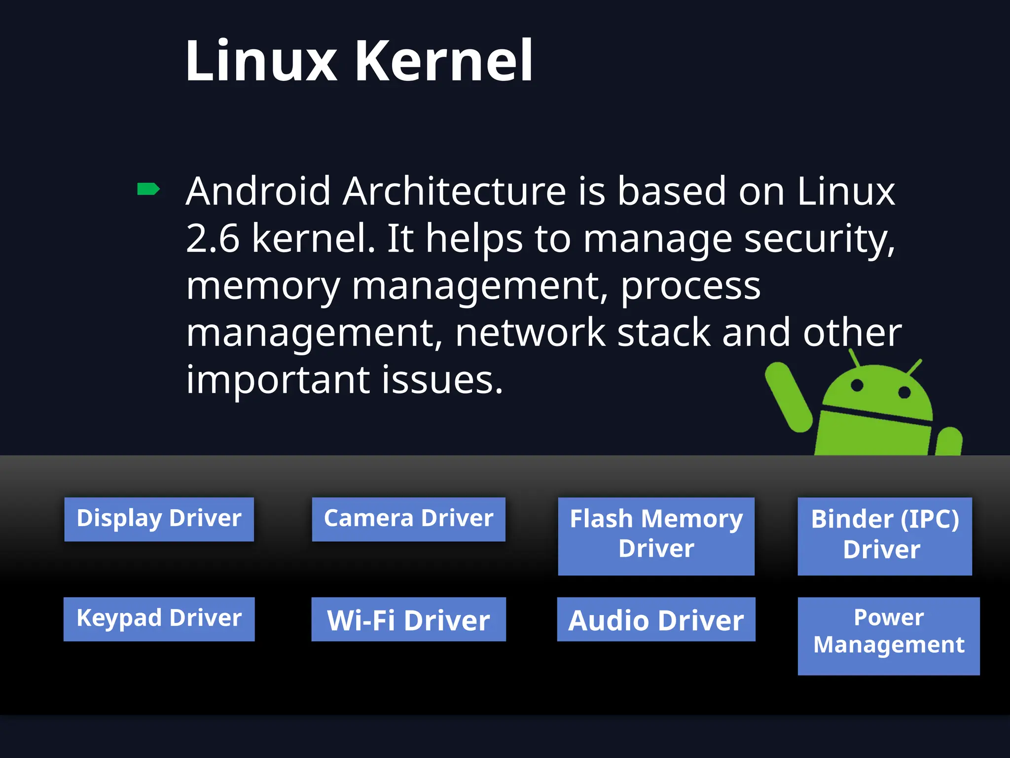  Android Architecture is based on Linux
2.6 kernel. It helps to manage security,
memory management, process
management, network stack and other
important issues.
Display Driver
Keypad Driver
Camera Driver
Wi-Fi Driver
Flash Memory
Driver
Audio Driver
Binder (IPC)
Driver
Power
Management
Linux Kernel
 