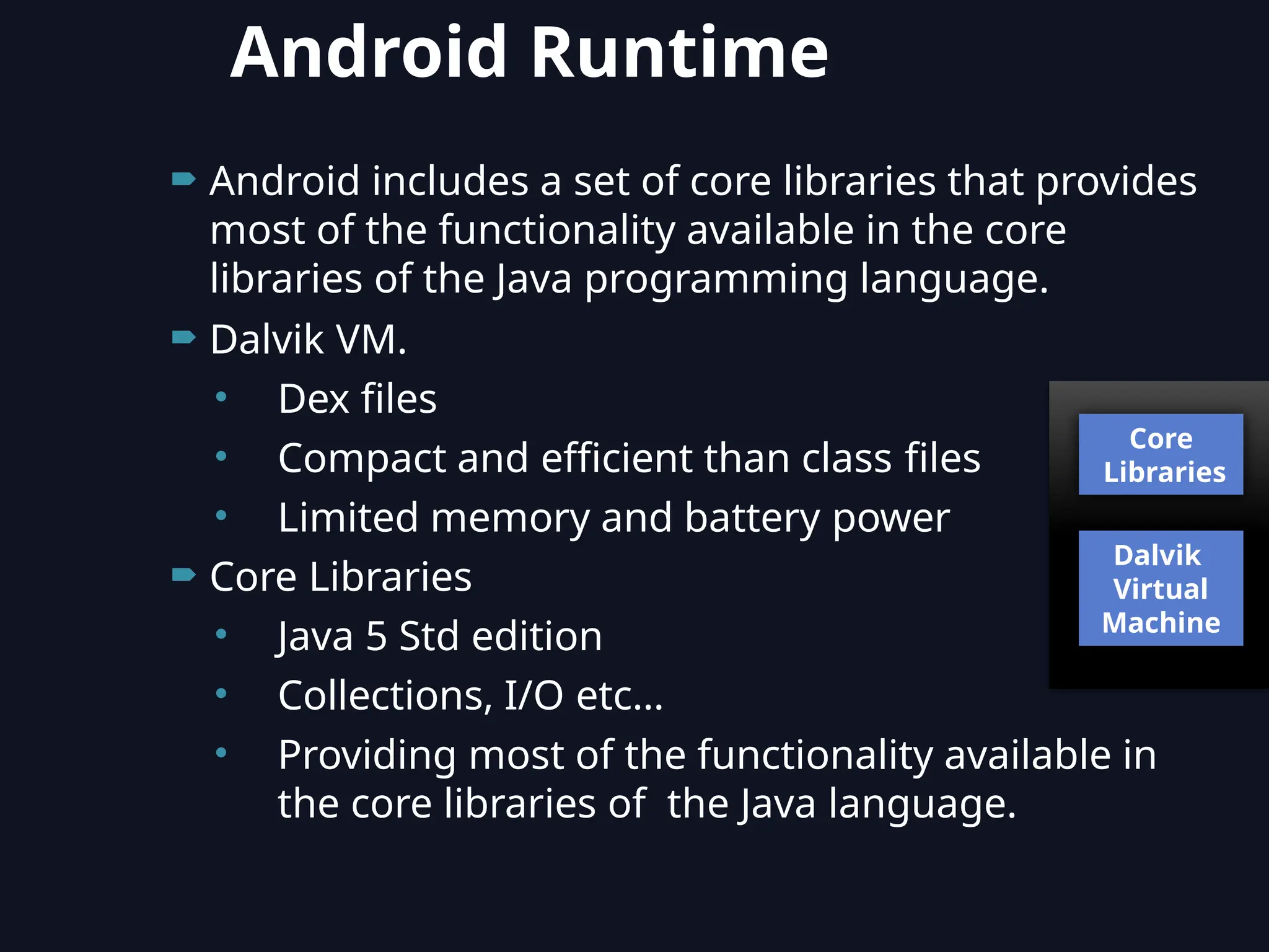  Android includes a set of core libraries that provides
most of the functionality available in the core
libraries of the Java programming language.
 Dalvik VM.
• Dex files
• Compact and efficient than class files
• Limited memory and battery power
 Core Libraries
• Java 5 Std edition
• Collections, I/O etc…
• Providing most of the functionality available in
the core libraries of the Java language.
Core
Libraries
Dalvik
Virtual
Machine
Android Runtime
 