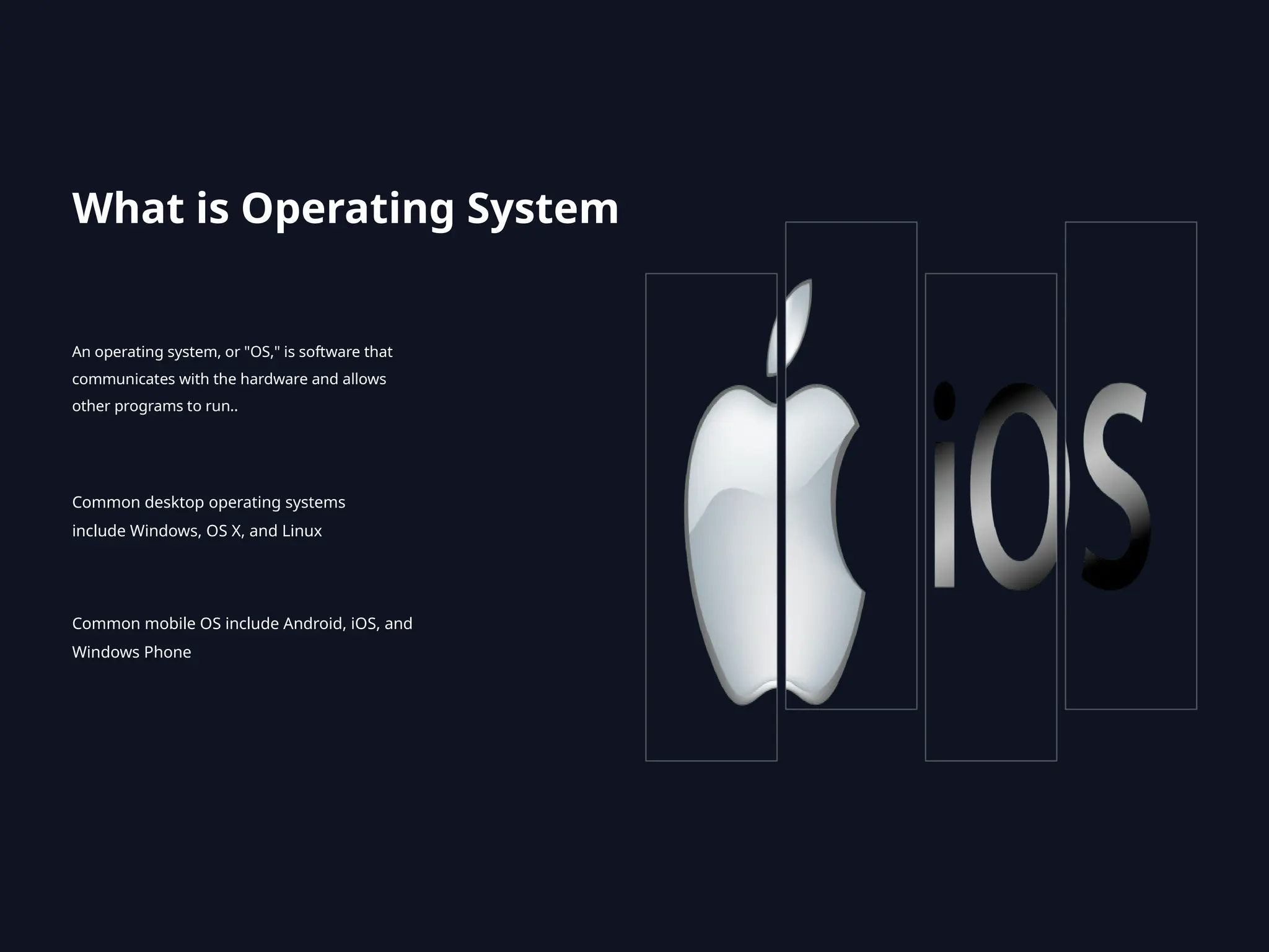 What is Operating System
An operating system, or "OS," is software that
communicates with the hardware and allows
other programs to run..
Common desktop operating systems
include Windows, OS X, and Linux
Common mobile OS include Android, iOS, and
Windows Phone
 