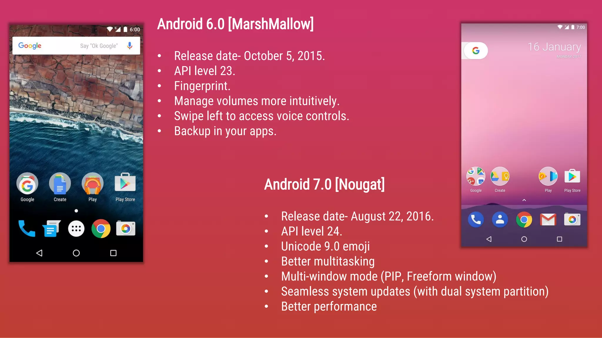 Android 6.0 [MarshMallow]
• Release date- October 5, 2015.
• API level 23.
• Fingerprint.
• Manage volumes more intuitively.
• Swipe left to access voice controls.
• Backup in your apps.
Android 7.0 [Nougat]
• Release date- August 22, 2016.
• API level 24.
• Unicode 9.0 emoji
• Better multitasking
• Multi-window mode (PIP, Freeform window)
• Seamless system updates (with dual system partition)
• Better performance
 
