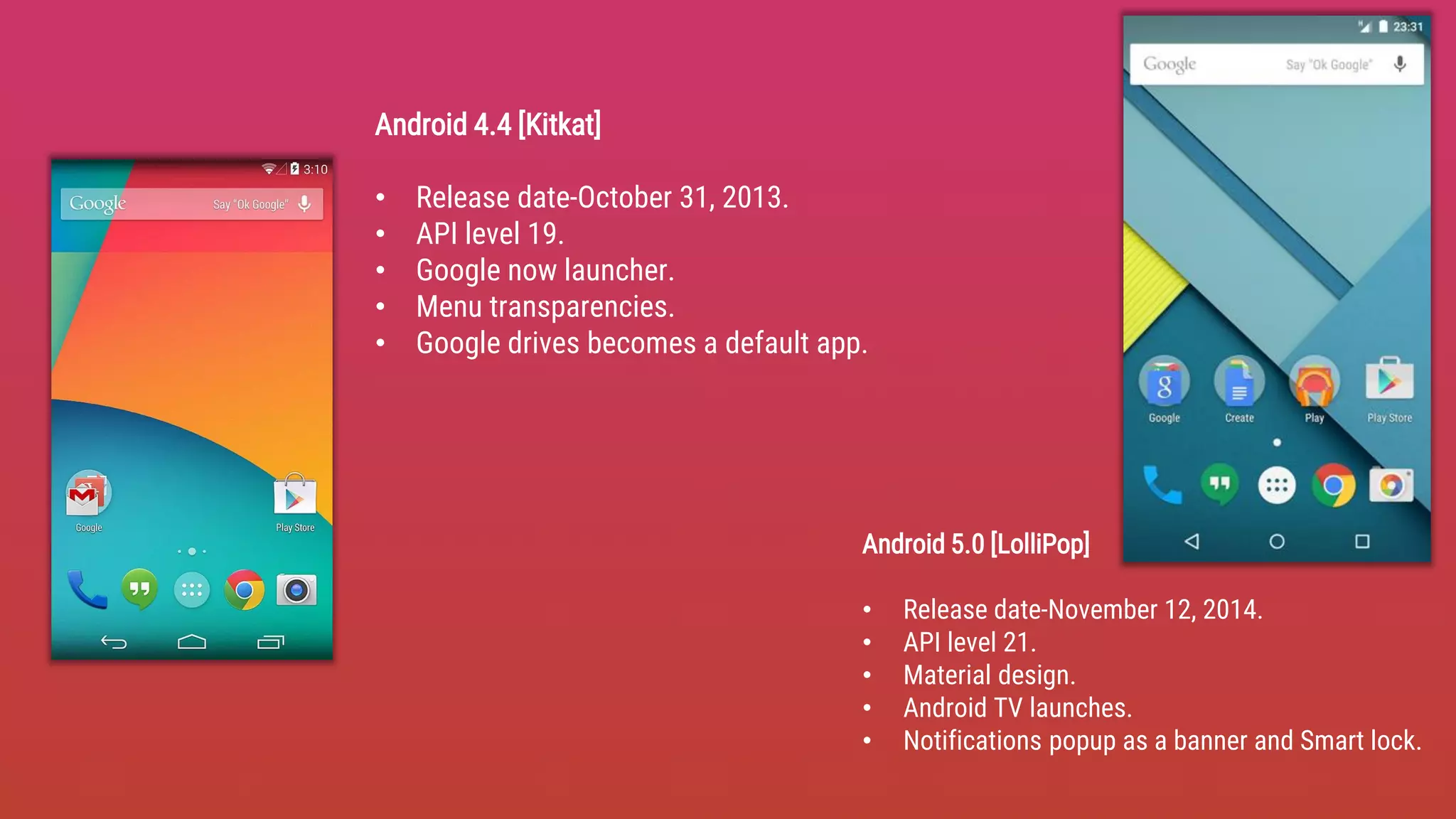 Android 4.4 [Kitkat]
• Release date-October 31, 2013.
• API level 19.
• Google now launcher.
• Menu transparencies.
• Google drives becomes a default app.
Android 5.0 [LolliPop]
• Release date-November 12, 2014.
• API level 21.
• Material design.
• Android TV launches.
• Notifications popup as a banner and Smart lock.
 