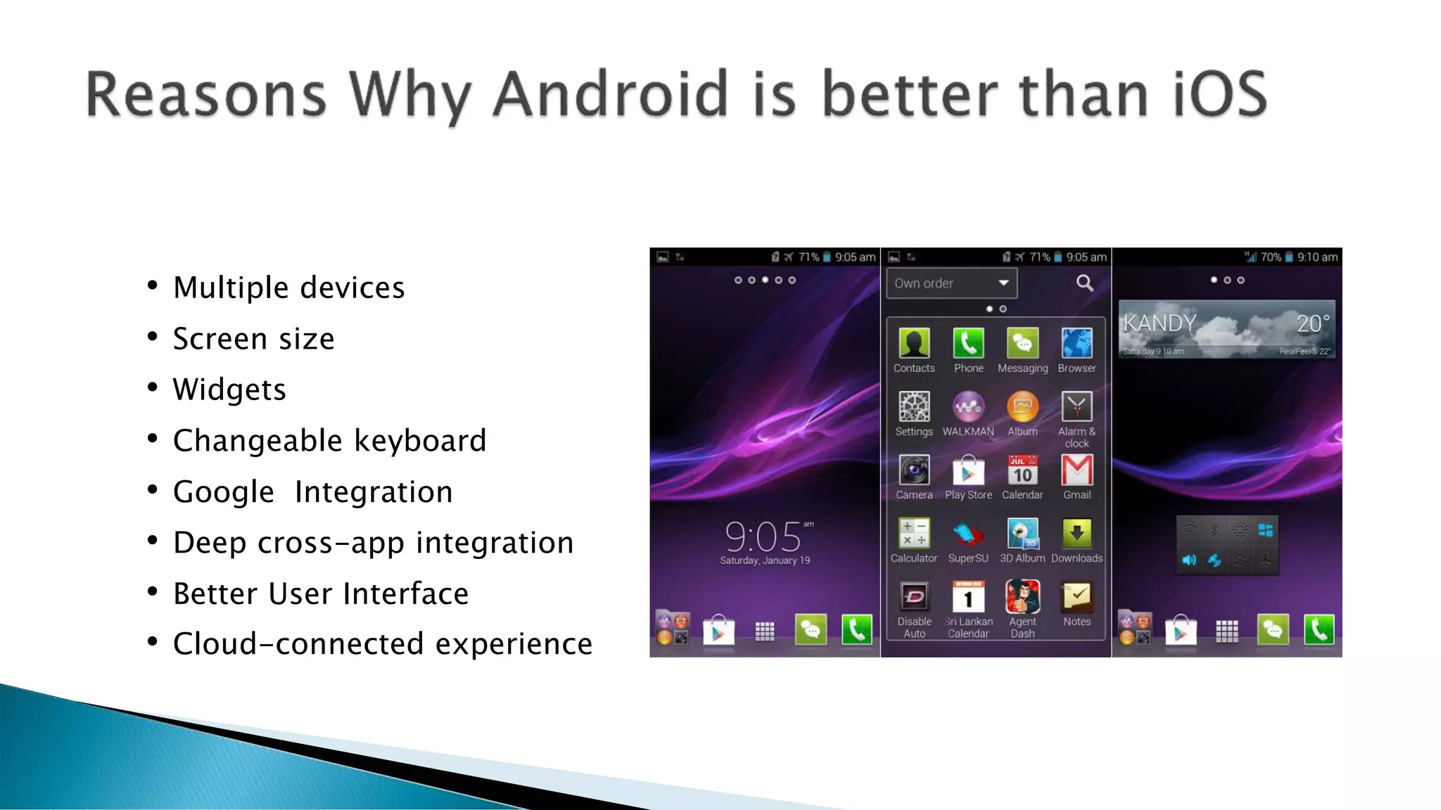 • Multiple devices
• Screen size
• Widgets
• Changeable keyboard
• Google Integration
• Deep cross-app integration
• Better User Interface
• Cloud-connected experience
 