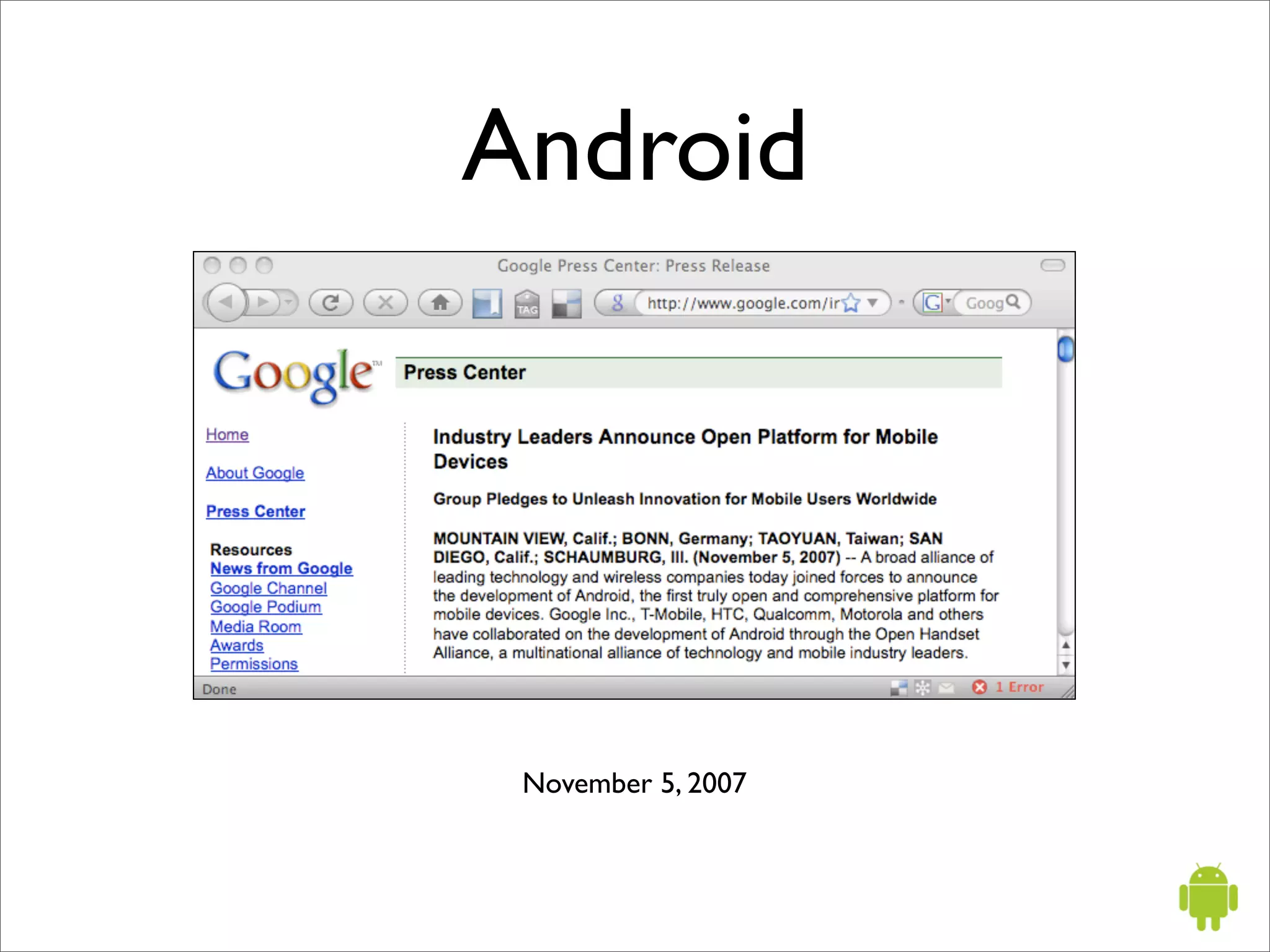 Android




 November 5, 2007
 