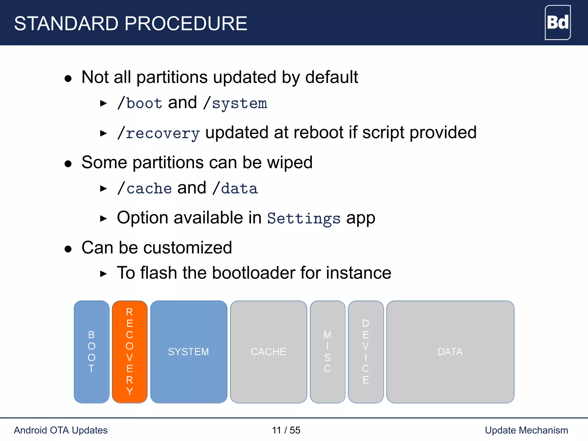 STANDARD PROCEDURE
• Not all partitions updated by default
/boot and /system
/recovery updated at reboot if script provided
• Some partitions can be wiped
/cache and /data
Option available in Settings app
• Can be customized
To flash the bootloader for instance
Android OTA Updates 11 / 55 Update Mechanism
 