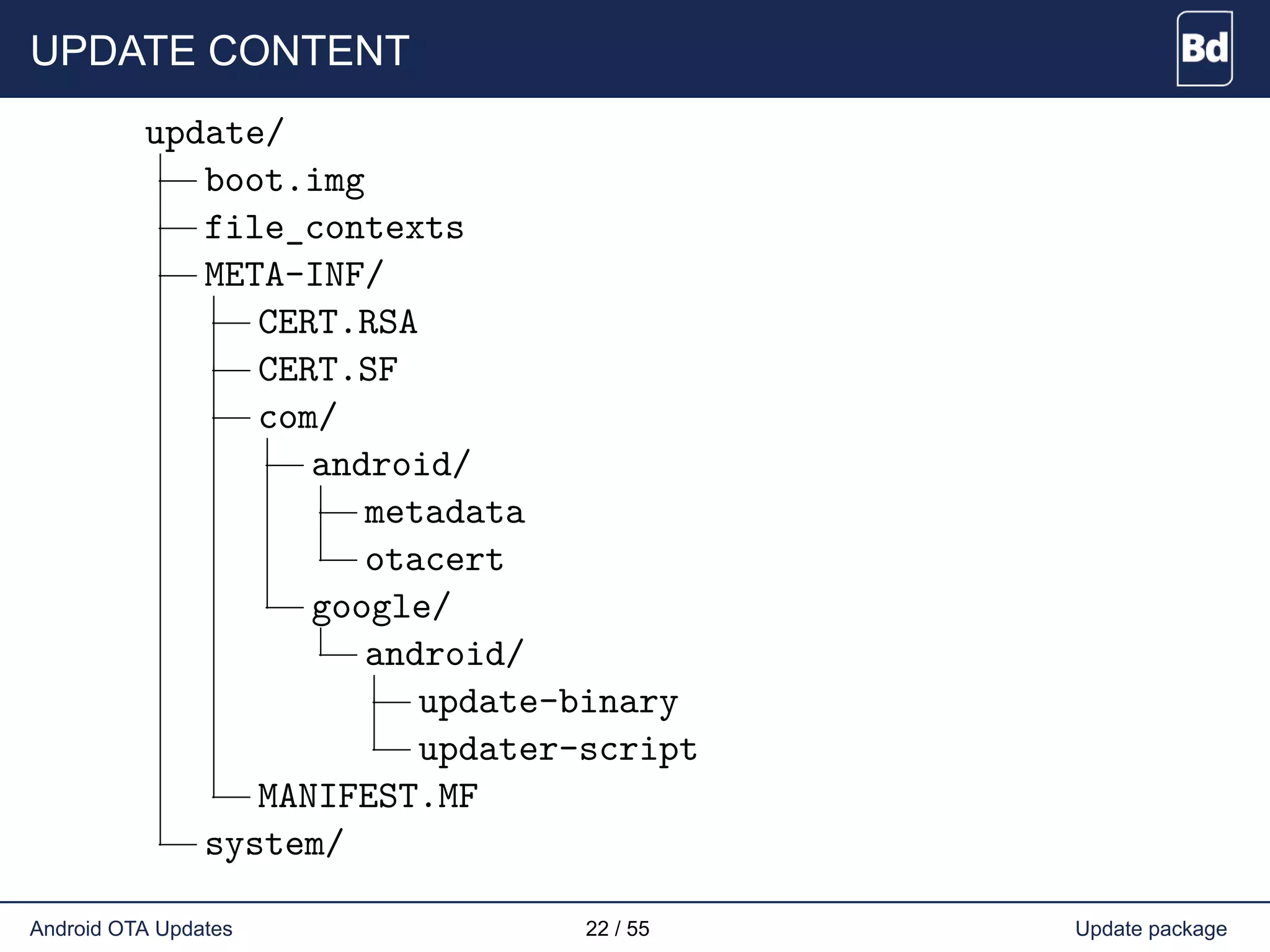 UPDATE CONTENT
update/
boot.img
file_contexts
META-INF/
CERT.RSA
CERT.SF
com/
android/
metadata
otacert
google/
android/
update-binary
updater-script
MANIFEST.MF
system/
Android OTA Updates 22 / 55 Update package
 