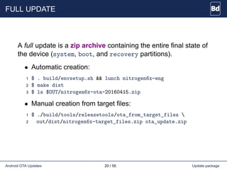 FULL UPDATE
A full update is a zip archive containing the entire final state of
the device (system, boot, and recovery partitions).
• Automatic creation:
1 $ . build/envsetup.sh && lunch nitrogen6x-eng
2 $ make dist
3 $ ls $OUT/nitrogen6x-ota-20160415.zip
• Manual creation from target files:
1 $ ./build/tools/releasetools/ota_from_target_files 
2 out/dist/nitrogen6x-target_files.zip ota_update.zip
Android OTA Updates 20 / 55 Update package
 