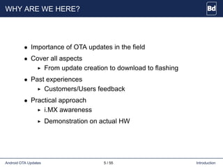WHY ARE WE HERE?
• Importance of OTA updates in the field
• Cover all aspects
From update creation to download to flashing
• Past experiences
Customers/Users feedback
• Practical approach
i.MX awareness
Demonstration on actual HW
Android OTA Updates 5 / 55 Introduction
 