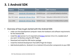 3. 1 Android SDK




• Overview of how to get started with the Android SDK:
    – make sure that development computer meets the hardware and software requirements
      for the Android SDK.
    – install the JDK (version 5 or 6 required) and Eclipse (version 3.4 or 3.5, needed only if
      you want to develop using the ADT Plugin)
    – Download and install the SDK starter package
    – Install the Android Development Tool (ADT) Plugin for Eclipse
    – Add Android platforms (Android 1.6 or Android 2.0) and other components to your SDK




        Ref: http://developer.android.com/sdk/index.html                                      25
 