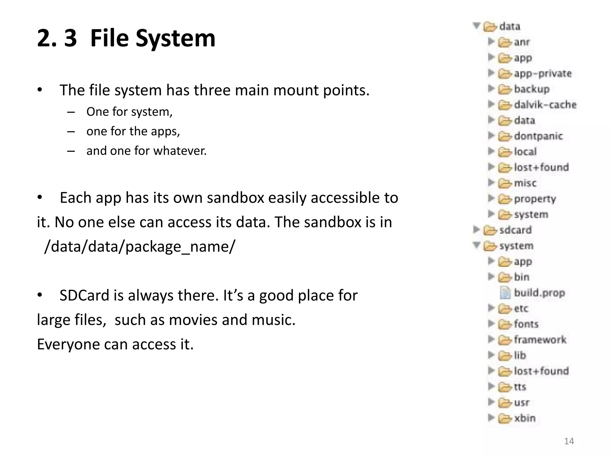 2. 3  File System The file system has three main mount points. One for system, one for the apps, and one for whatever.Each app has its own sandbox easily accessible toit. No one else can access its data. The sandbox is in  /data/data/package_name/SDCard is always there. It’s a good place forlarge files,  such as movies and music. Everyone can access it.14