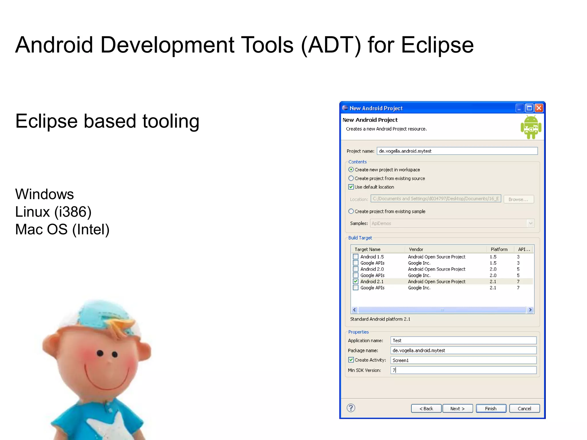 Android Development Tools (ADT) for EclipseEclipse based toolingWindowsLinux (i386)Mac OS (Intel)