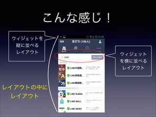 こんな感じ！
ウィジェットを
縦に並べる
レイアウト ウィジェット
を横に並べる
レイアウト
レイアウトの中に
レイアウト
 