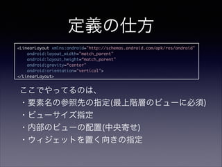 定義の仕方
<LinearLayout xmlns:android="http://schemas.android.com/apk/res/android"	
android:layout_width="match_parent"	
android:layout_height=“match_parent"	
android:gravity=“center"	
android:orientation="vertical">	
</LinearLayout>
ここでやってるのは、
・要素名の参照先の指定(最上階層のビューに必須)
・ビューサイズ指定
・内部のビューの配置(中央寄せ)
・ウィジェットを置く向きの指定
 