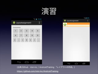 他のレイアウト
他にどんなレイアウトがあるの？
• TableLayout
• FrameLayout
• RelativeLayout
 