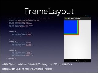 FrameLayout
<FrameLayout xmlns:android="http://schemas.android.com/apk/res/android"	
xmlns:tools="http://schemas.android.com/tools"	
android:id="@+id/FrameLayout1"	
android:layout_width="match_parent"	
android:layout_height="match_parent"	
tools:context=".MainActivity" >	
!
<!-- 赤 -->	
<ImageView	
android:layout_width="200dp"	
android:layout_height="200dp"	
android:background="#FF0000" />	
!
<!-- 緑 -->	
<ImageView	
android:layout_width="190dp"	
android:layout_height="190dp"	
android:background="#00FF00" />	
!
<!-- 青 -->	
<ImageView	
android:layout_width="180dp"	
android:layout_height="180dp"	
android:background="#0000FF" />	
!
</FrameLayout>
(出典:Github mixi-inc / AndroidTraining 「レイアウトの作成」)
https://github.com/mixi-inc/AndroidTraining
 