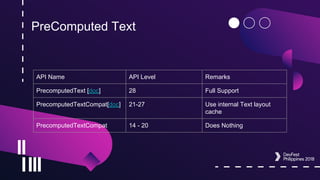 PreComputed Text
API Name API Level Remarks
PrecomputedText [doc] 28 Full Support
PrecomputedTextCompat[doc] 21-27 Use internal Text layout
cache
PrecomputedTextCompat 14 - 20 Does Nothing
 