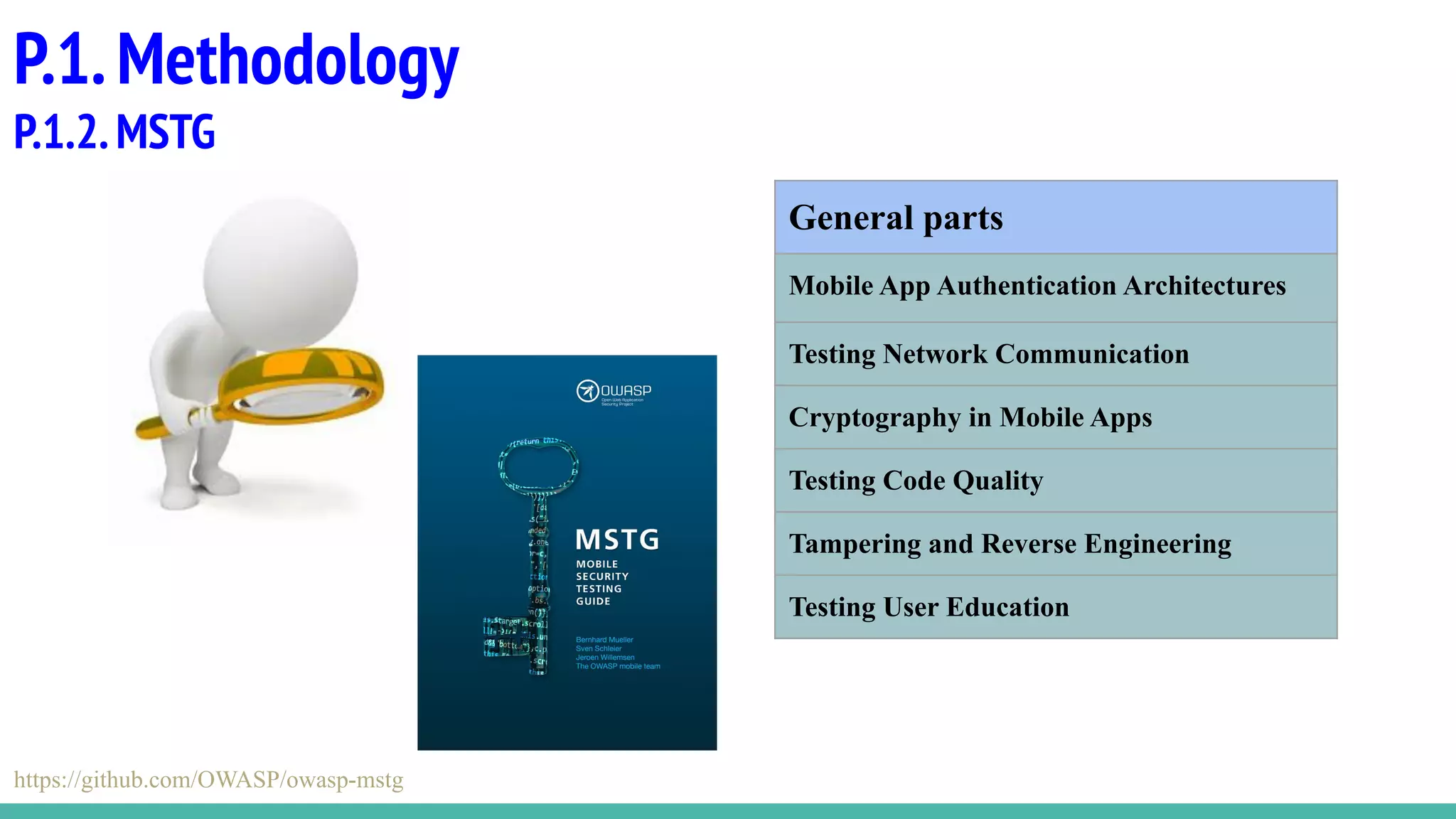 P.1.Methodology
P.1.2.MSTG
General parts
Mobile App Authentication Architectures
Testing Network Communication
Cryptography in Mobile Apps
Testing Code Quality
Tampering and Reverse Engineering
Testing User Education
https://github.com/OWASP/owasp-mstg
 