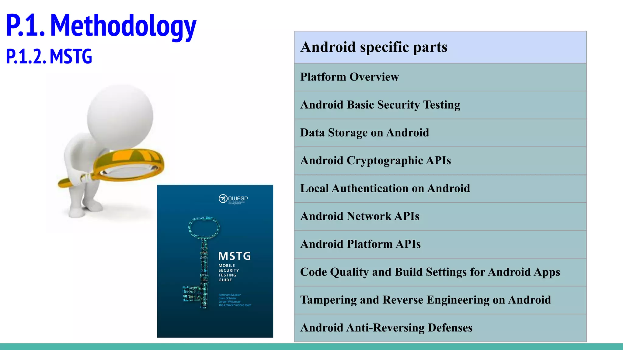 P.1.Methodology
P.1.2.MSTG
Android specific parts
Platform Overview
Android Basic Security Testing
Data Storage on Android
Android Cryptographic APIs
Local Authentication on Android
Android Network APIs
Android Platform APIs
Code Quality and Build Settings for Android Apps
Tampering and Reverse Engineering on Android
Android Anti-Reversing Defenses
 