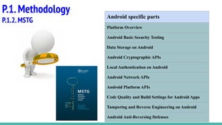 P.1.Methodology
P.1.2.MSTG
Android specific parts
Platform Overview
Android Basic Security Testing
Data Storage on Android
Android Cryptographic APIs
Local Authentication on Android
Android Network APIs
Android Platform APIs
Code Quality and Build Settings for Android Apps
Tampering and Reverse Engineering on Android
Android Anti-Reversing Defenses
 