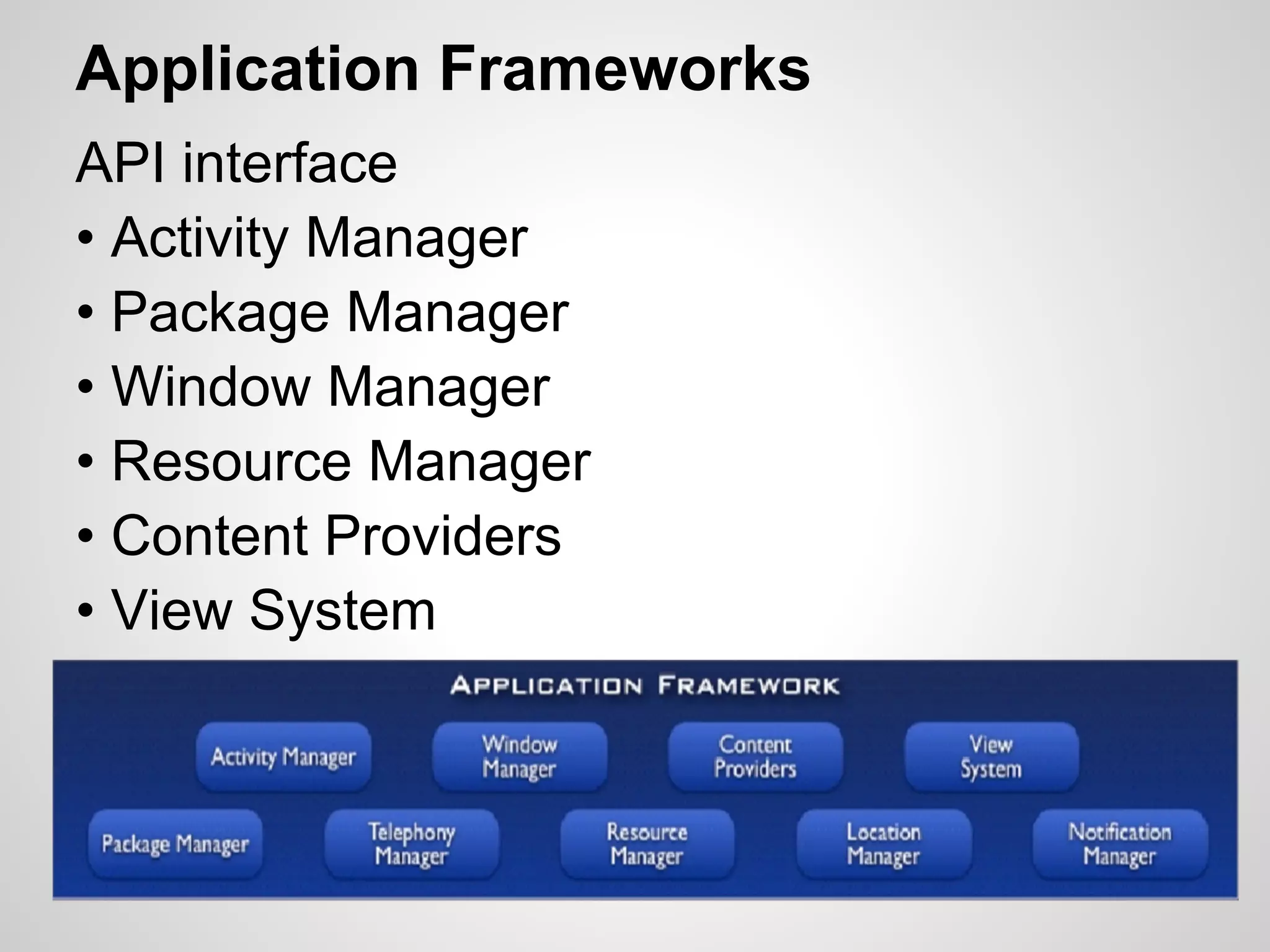 Application Frameworks
API interface
• Activity Manager
• Package Manager
• Window Manager
• Resource Manager
• Content Providers
• View System
 