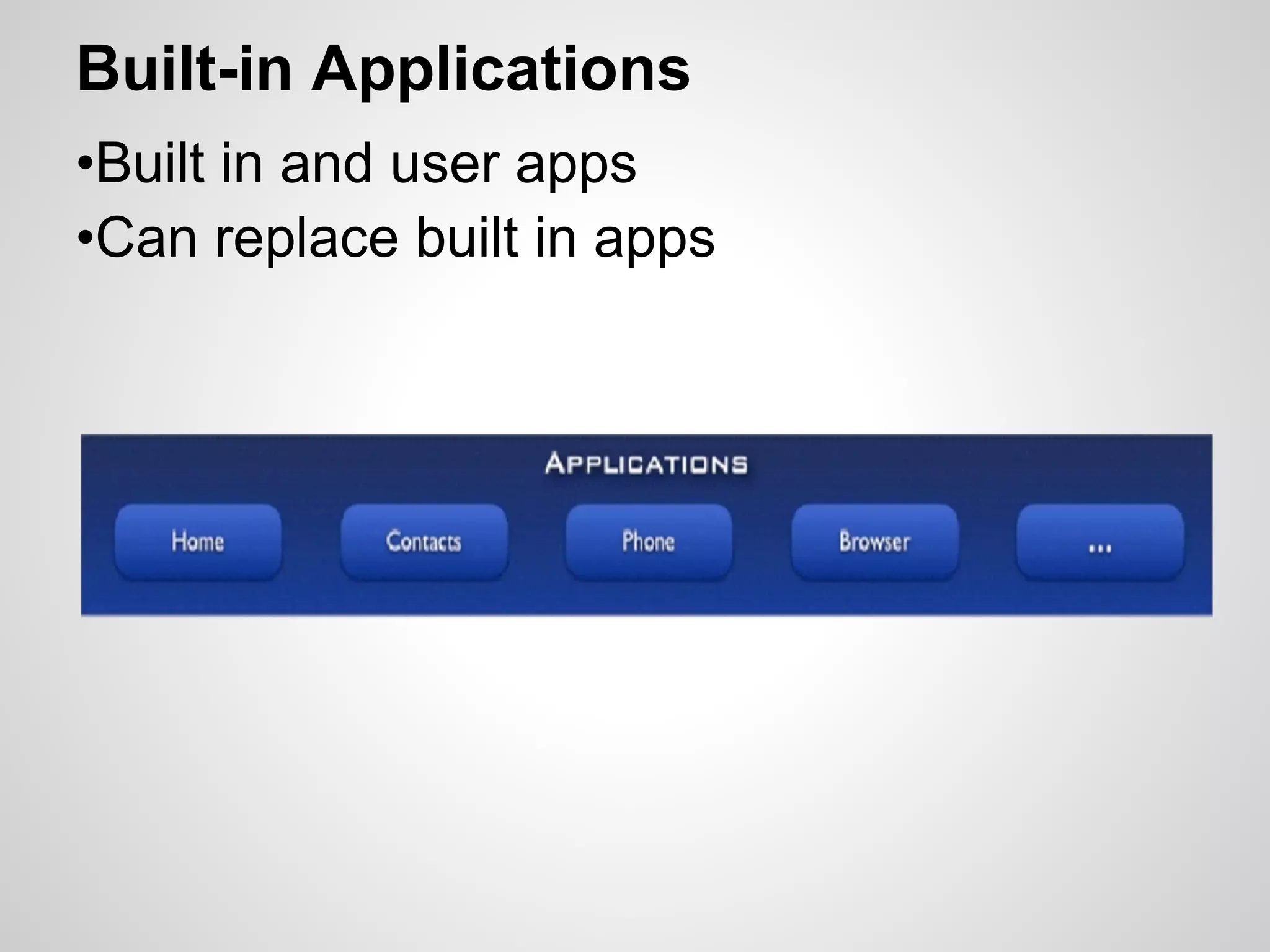 Built-in Applications
•Built in and user apps
•Can replace built in apps
 