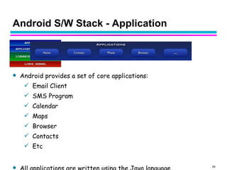 Android S/W Stack - Application <ul><li>Android provides a set of core applications: </li></ul><ul><ul><li>Email Client </...