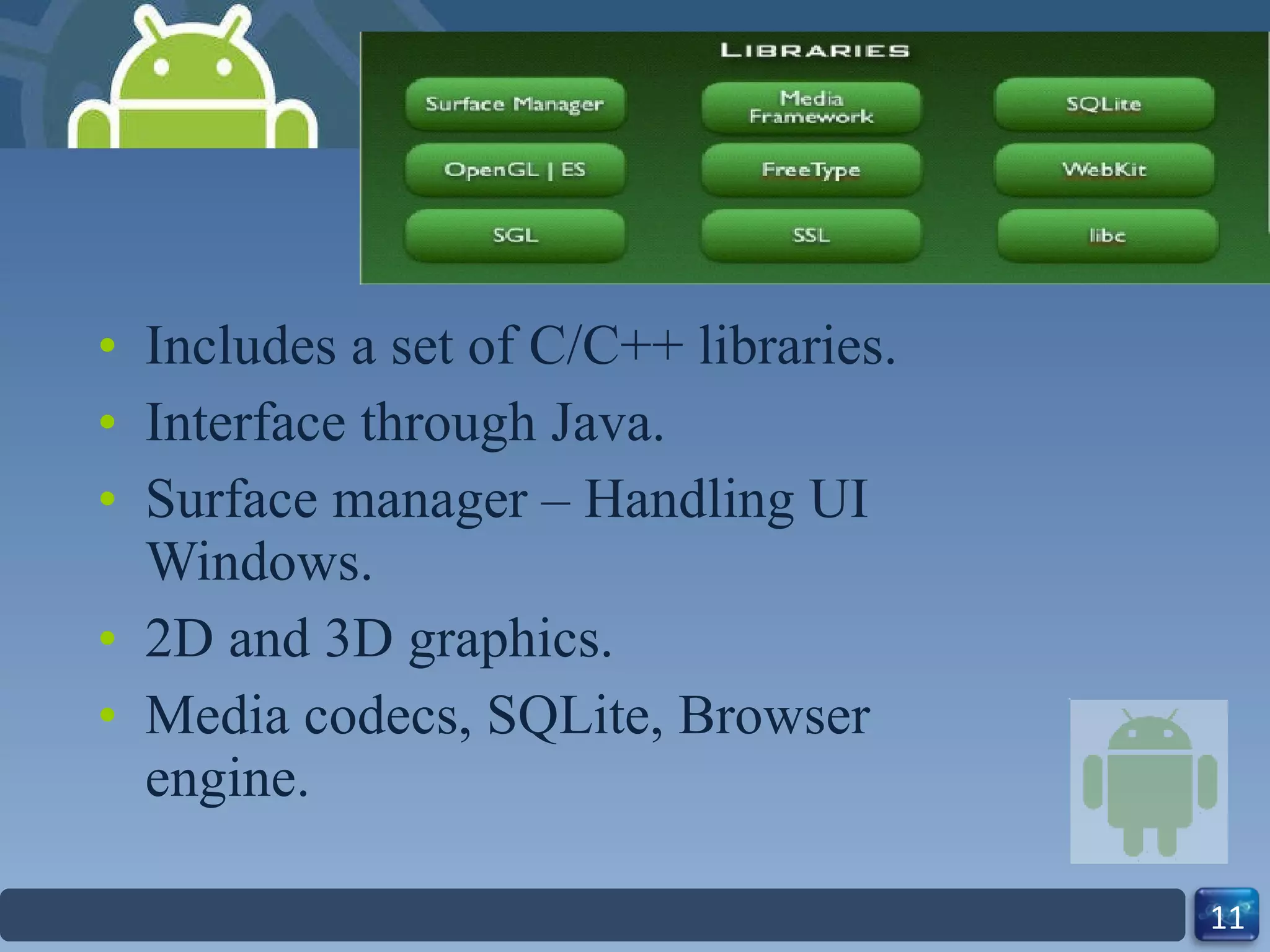 Includes a set of C/C++ libraries. Interface through Java. Surface manager – Handling UI Windows. 2D and 3D graphics. Media codecs, SQLite, Browser engine. 