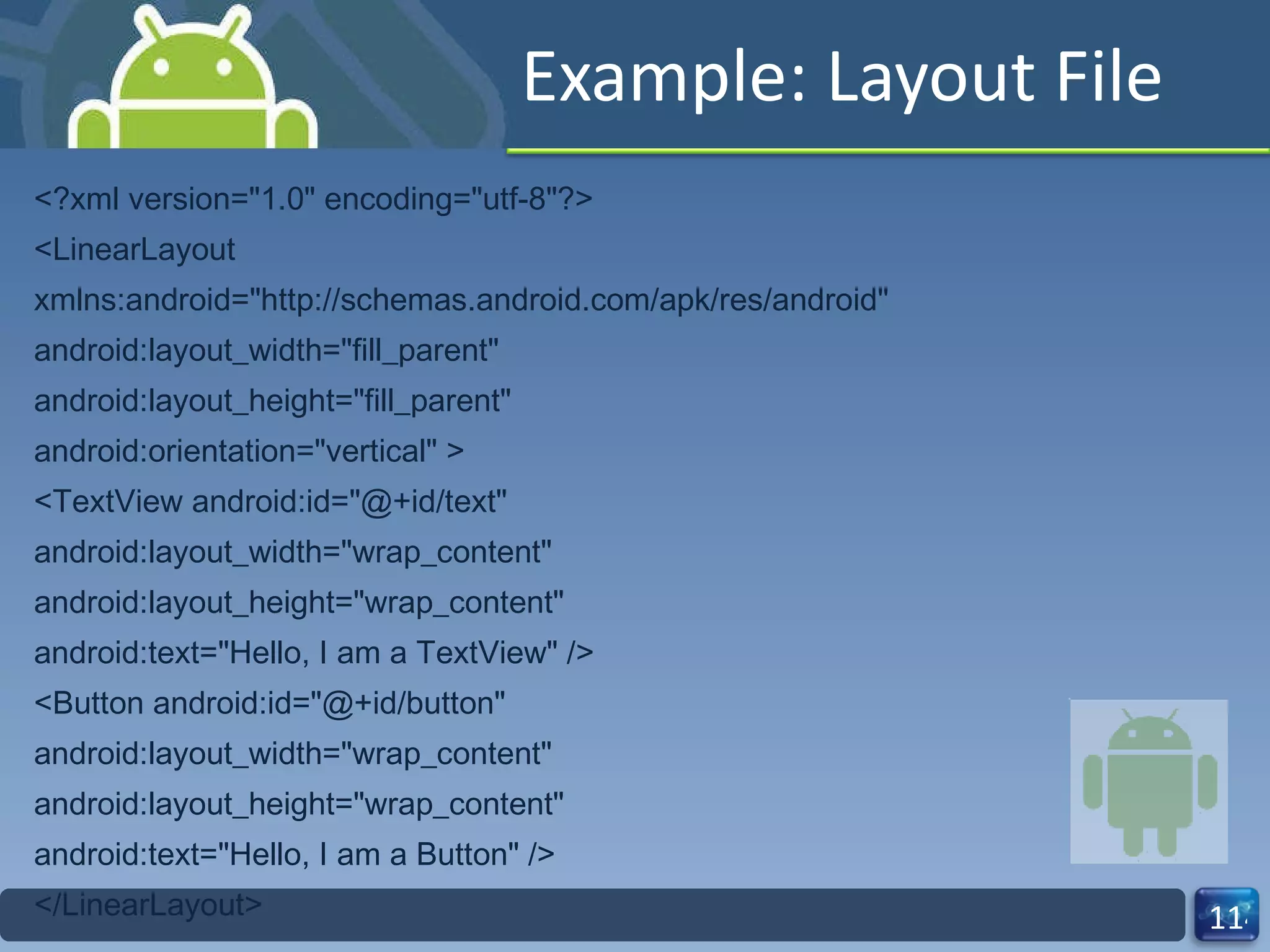 Example: Layout File <?xml version="1.0" encoding="utf-8"?> <LinearLayout xmlns:android="http://schemas.android.com/apk/res/android" android:layout_width="fill_parent" android:layout_height="fill_parent" android:orientation="vertical" > <TextView android:id="@+id/text" android:layout_width="wrap_content" android:layout_height="wrap_content" android:text="Hello, I am a TextView" /> <Button android:id="@+id/button" android:layout_width="wrap_content" android:layout_height="wrap_content" android:text="Hello, I am a Button" /> </LinearLayout> 
