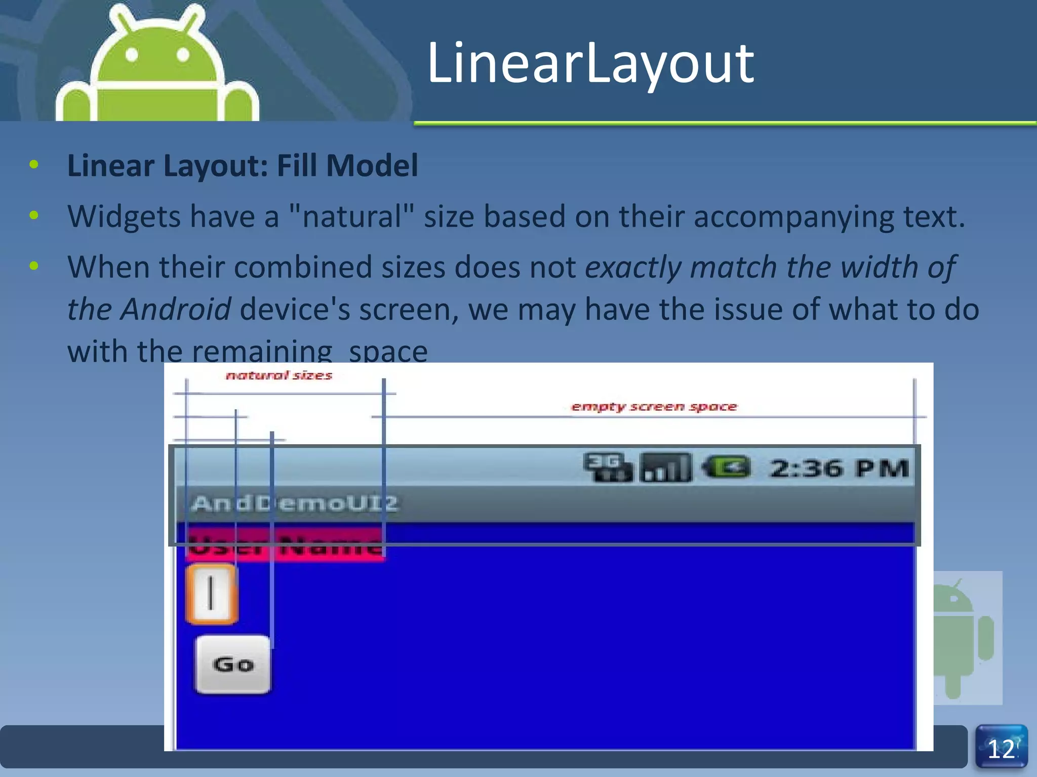LinearLayout Linear Layout: Fill Model Widgets have a "natural" size based on their accompanying text. When their combined sizes does not  exactly match the width of the Android  device's screen, we may have the issue of what to do with the remaining  space 