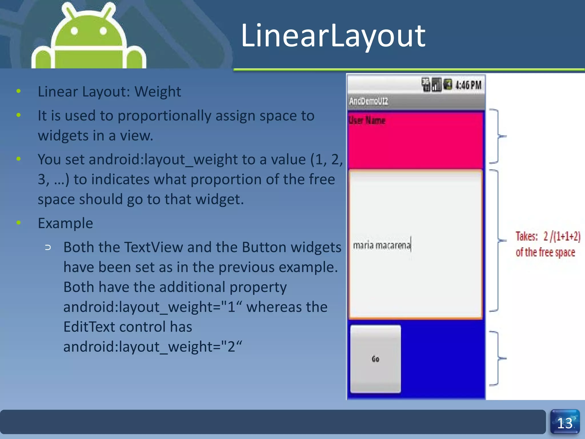 LinearLayout Linear Layout: Weight It is used to proportionally assign space to widgets in a view. You set android:layout_weight to a value (1, 2, 3, …) to indicates what proportion of the free space should go to that widget. Example Both the TextView and the Button widgets have been set as in the previous example. Both have the additional property android:layout_weight="1“ whereas the EditText control has android:layout_weight="2“  