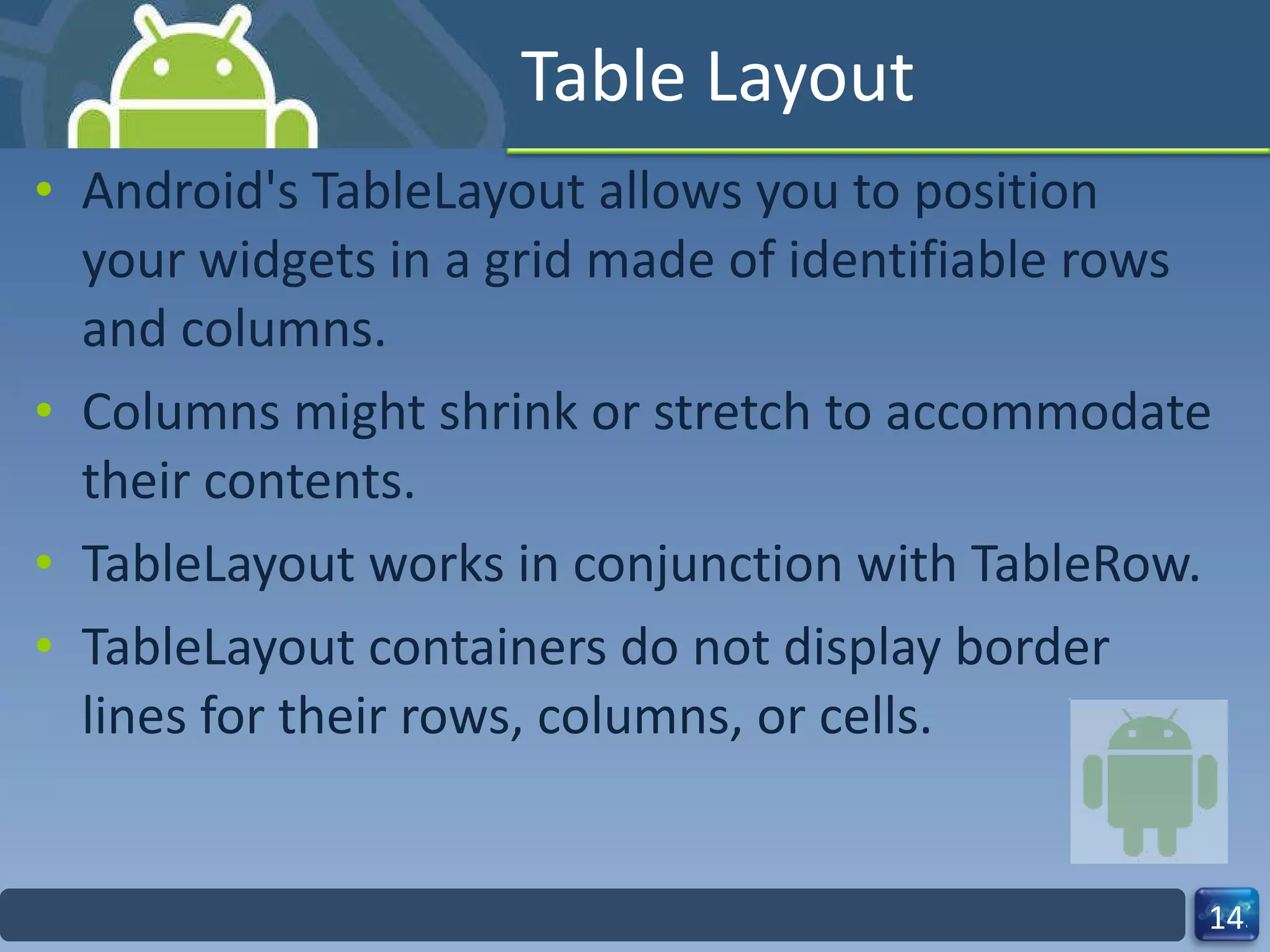 Table Layout Android's TableLayout allows you to position your widgets in a grid made of identifiable rows and columns. Columns might shrink or stretch to accommodate their contents. TableLayout works in conjunction with TableRow. TableLayout containers do not display border lines for their rows, columns, or cells.  