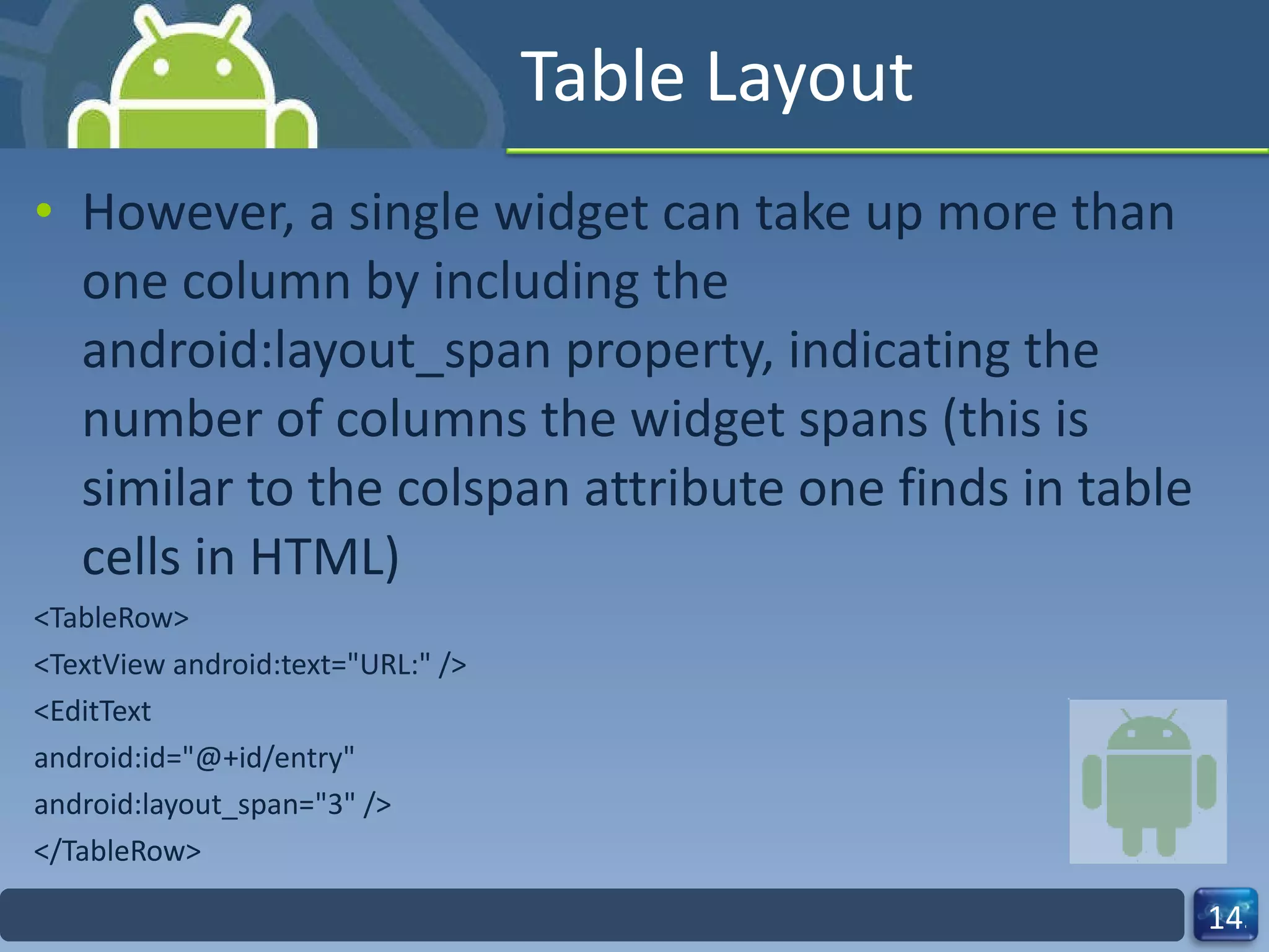 Table Layout However, a single widget can take up more than one column by including the  android:layout_span property, indicating the number of columns the widget spans (this is similar to the colspan attribute one finds in table cells in HTML) <TableRow> <TextView android:text="URL:" /> <EditText android:id="@+id/entry" android:layout_span="3" /> </TableRow> 